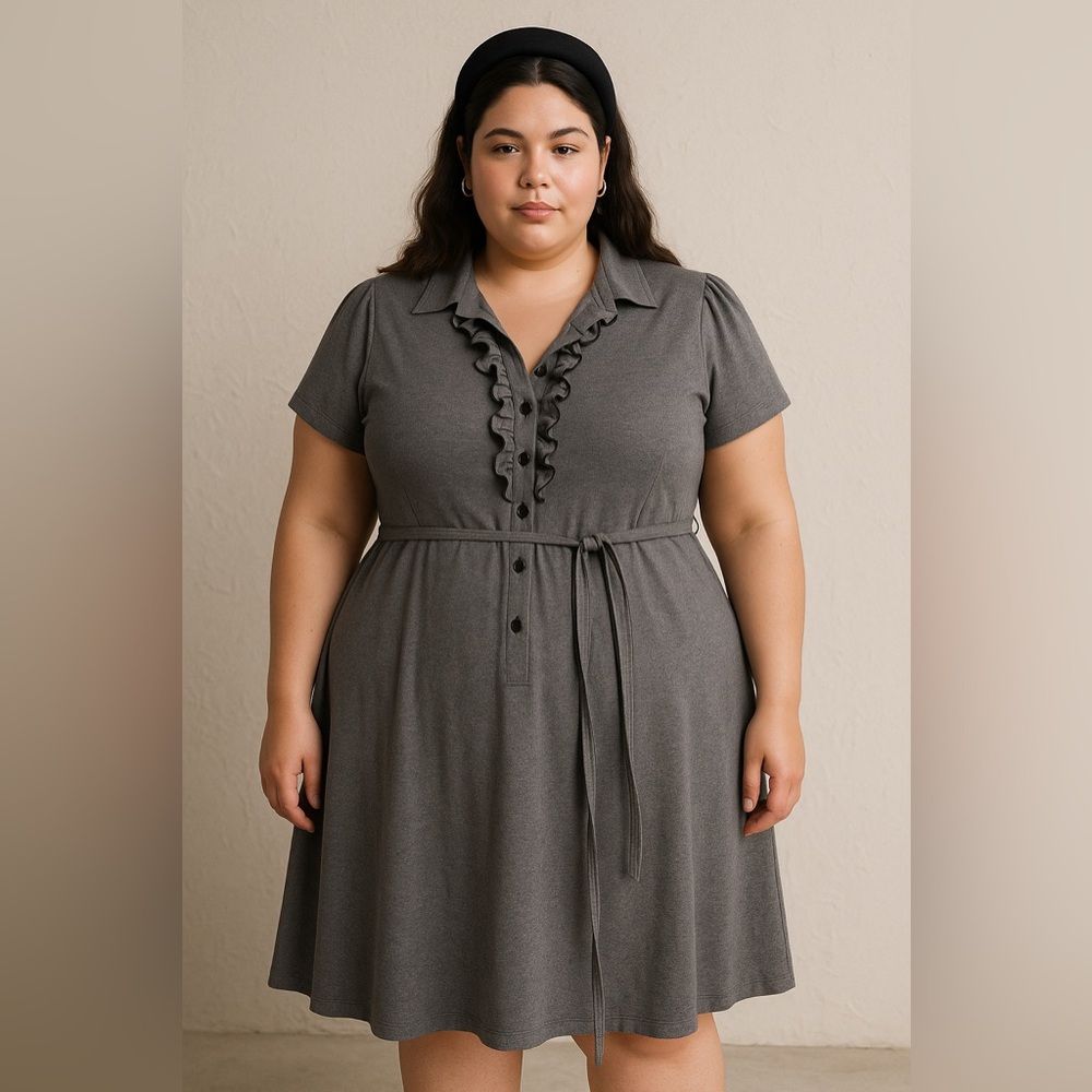O’SHER USA 3X Y2K Ruffle Shirt Dress Gray Fit & Flare Belted Romantic Vintage